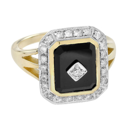 Diamond &amp; Black Onyx Art Deco Style Triple Shank Halo 14K Yellow Gold Ring