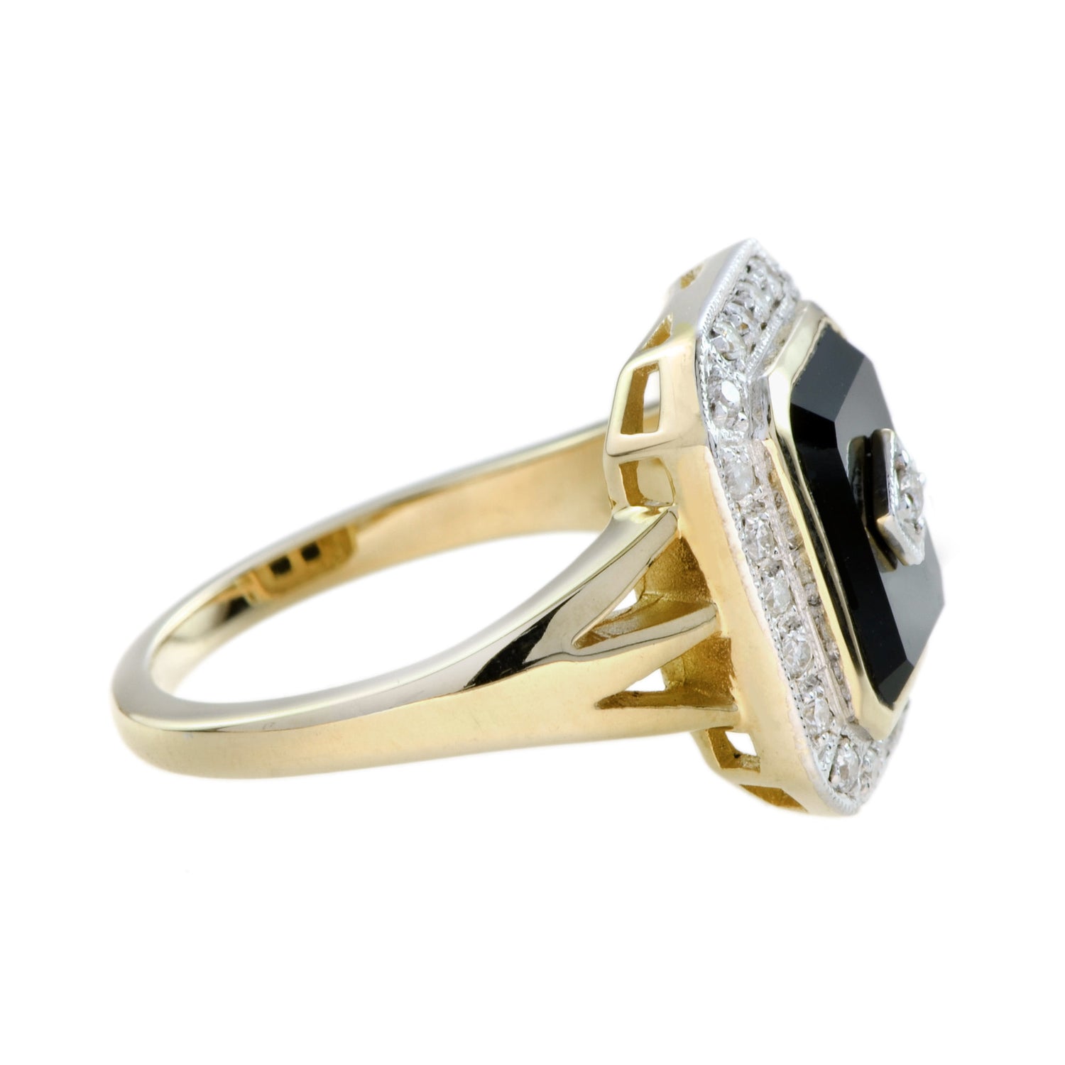 Diamond &amp; Black Onyx Art Deco Style Triple Shank Halo 14K Yellow Gold Ring