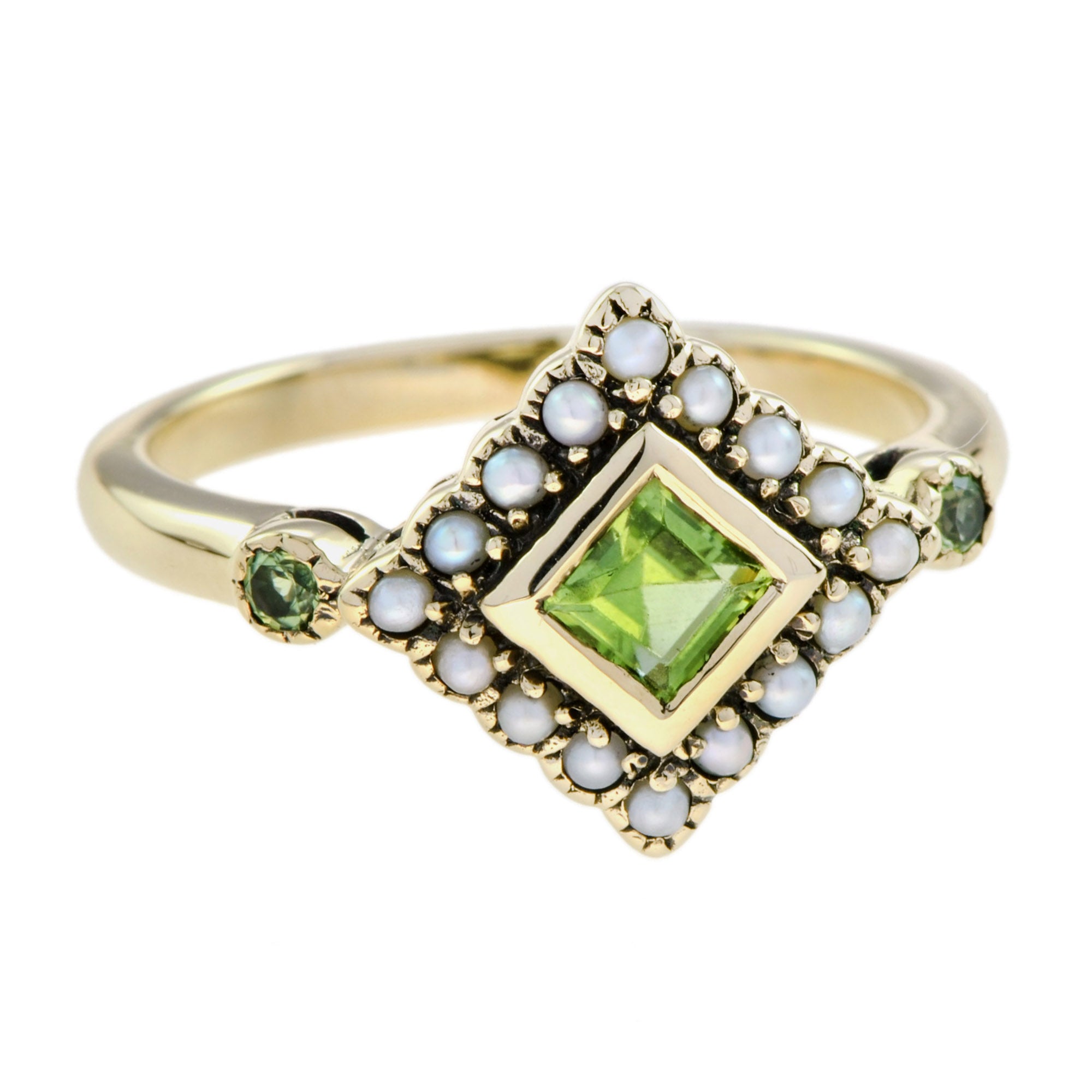 Square Green Peridot &amp; Pearl Halo Set Vintage Style 9K Yellow Gold Ring