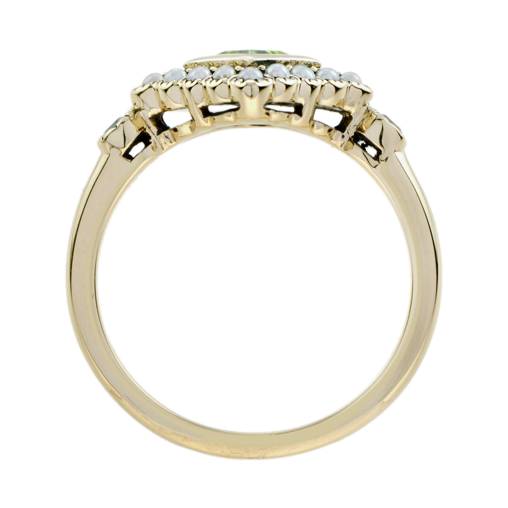 Square Green Peridot & Pearl Halo Set Vintage Style 9K Yellow Gold Ring