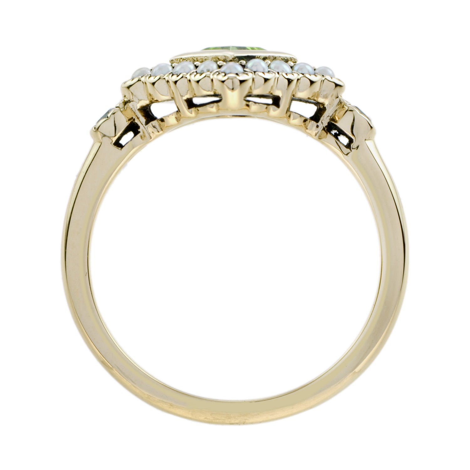 Square Green Peridot &amp; Pearl Halo Set Vintage Style 9K Yellow Gold Ring
