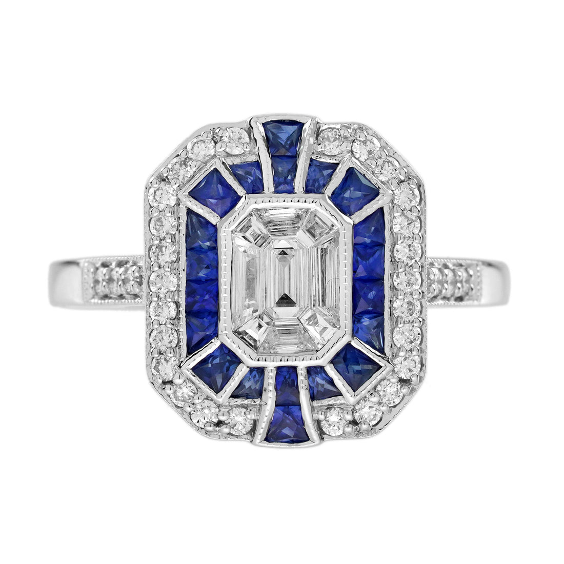 Diamond Illusion Set & Blue Sapphire Fancy Halo Art Deco Style White Gold Ring