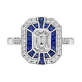 Diamond Illusion Set & Blue Sapphire Fancy Halo Art Deco Style White Gold Ring
