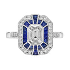 Diamond Illusion Set & Blue Sapphire Fancy Halo Art Deco Style White Gold Ring