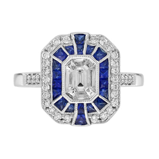 Diamond Illusion Set & Blue Sapphire Fancy Halo Art Deco Style White Gold Ring