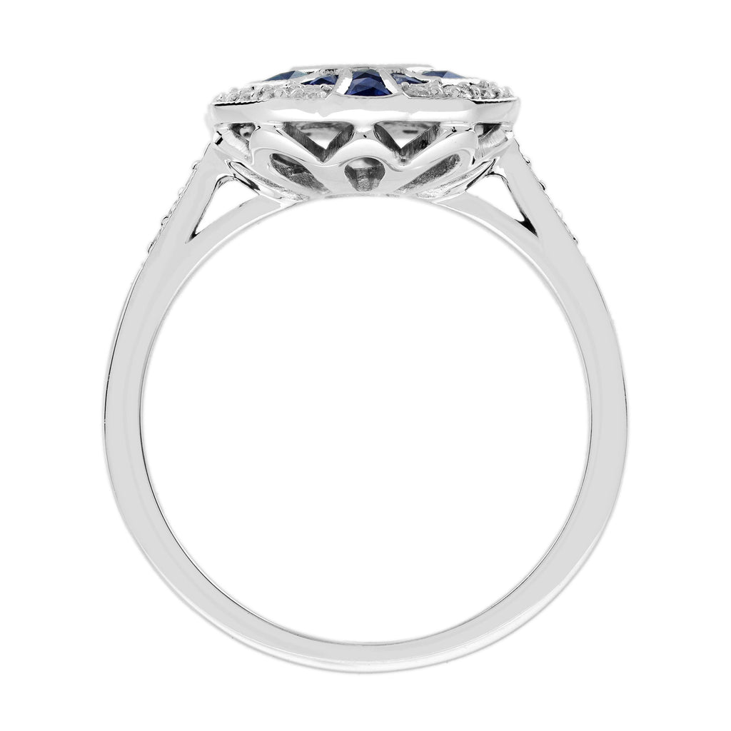 Diamond Illusion Set & Blue Sapphire Fancy Halo Art Deco Style White Gold Ring