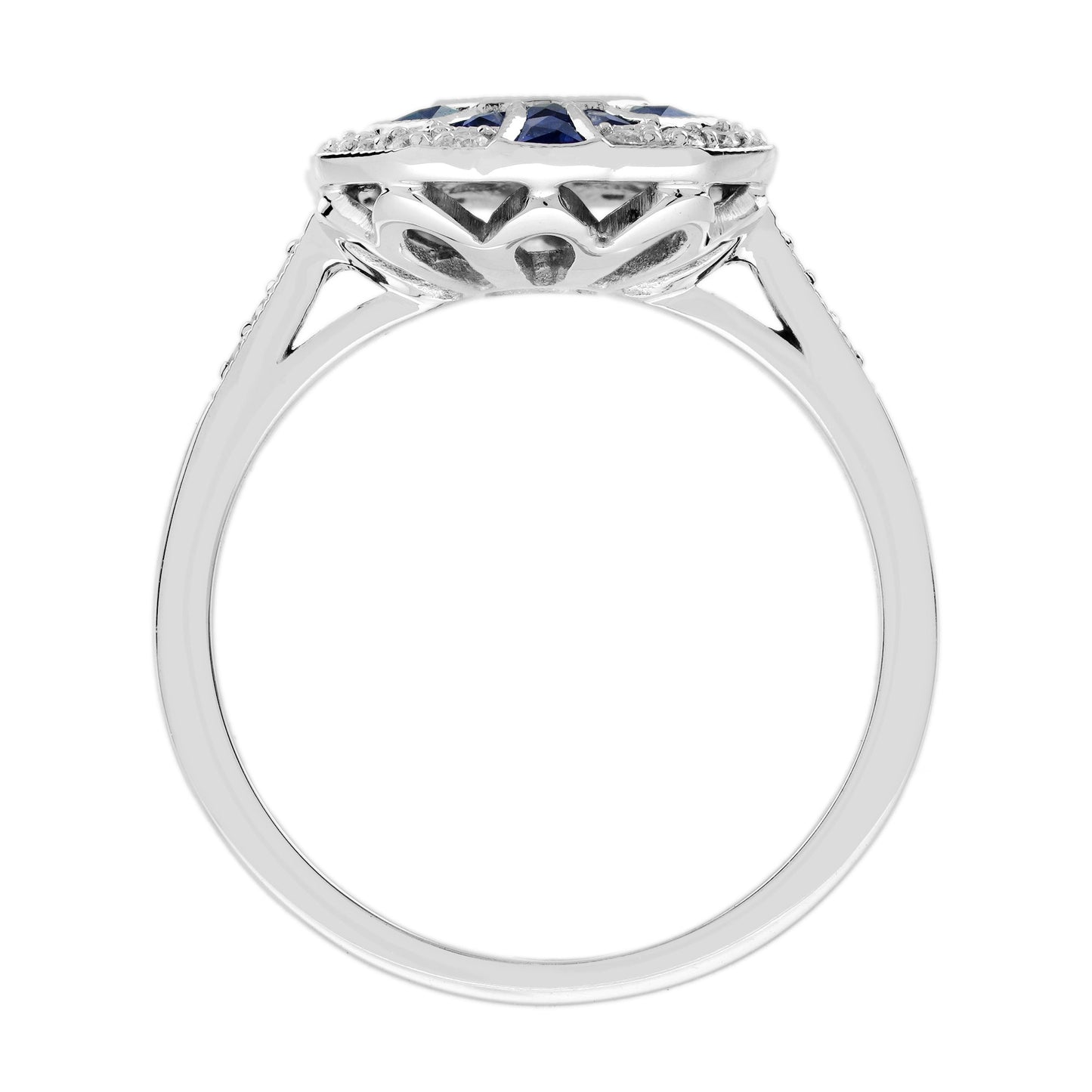 diamond illusion set & blue sapphire fancy halo art deco style white gold ring