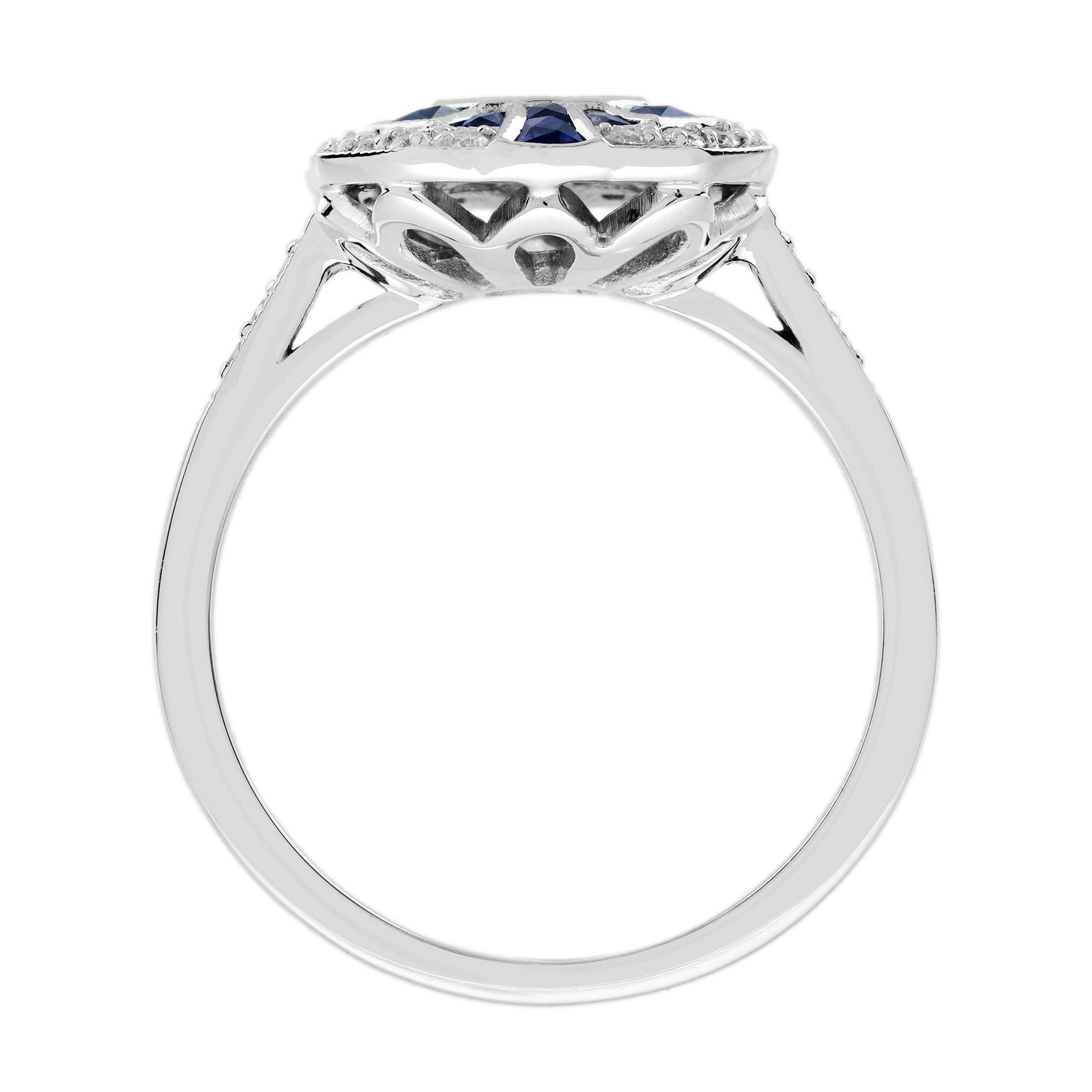 Diamond Illusion Set & Blue Sapphire Fancy Halo Art Deco Style White Gold Ring