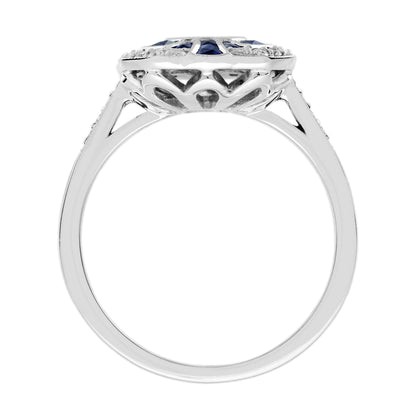 Diamond Illusion Set & Blue Sapphire Fancy Halo Art Deco Style White Gold Ring