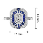 Diamond Illusion Set & Blue Sapphire Fancy Halo Art Deco Style White Gold Ring