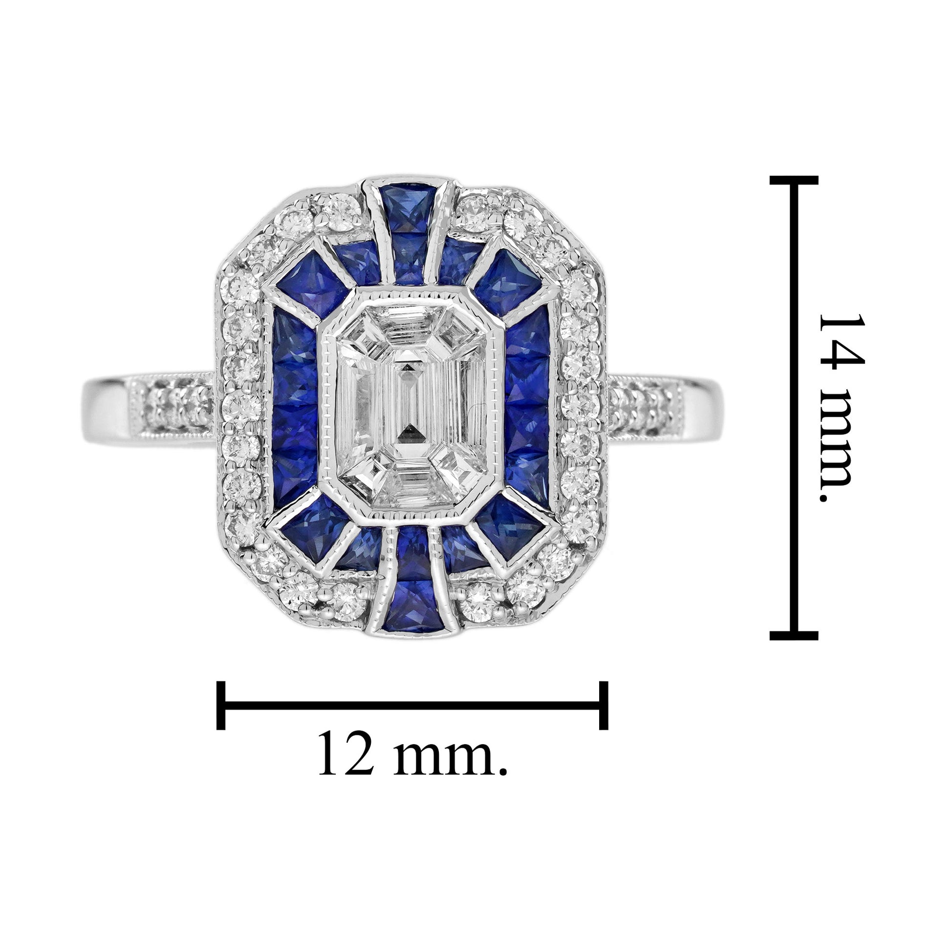Diamond Illusion Set & Blue Sapphire Fancy Halo Art Deco Style White Gold Ring