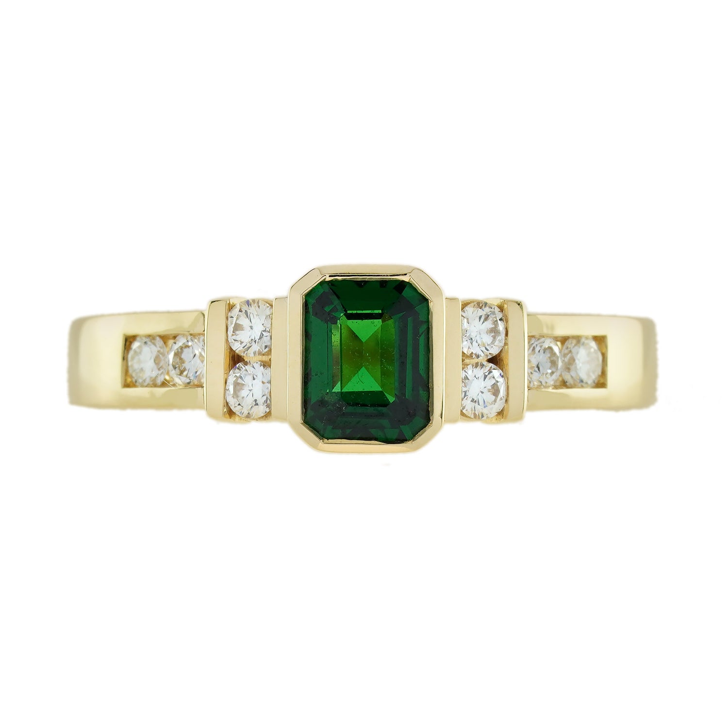 Green Emerald Cut Tsavorite &amp; Diamond Solitaire 18K Yellow Gold Ring