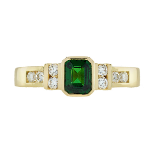 Green Emerald Cut Tsavorite & Diamond Solitaire 18K Yellow Gold Ring