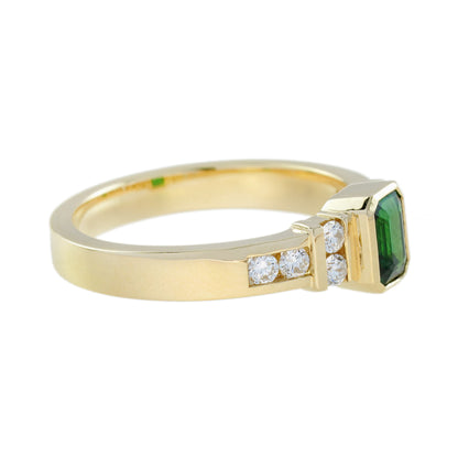 Green Emerald Cut Tsavorite & Diamond Solitaire 18K Yellow Gold Ring