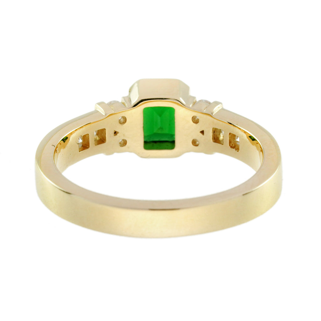 Green Emerald Cut Tsavorite & Diamond Solitaire 18K Yellow Gold Ring