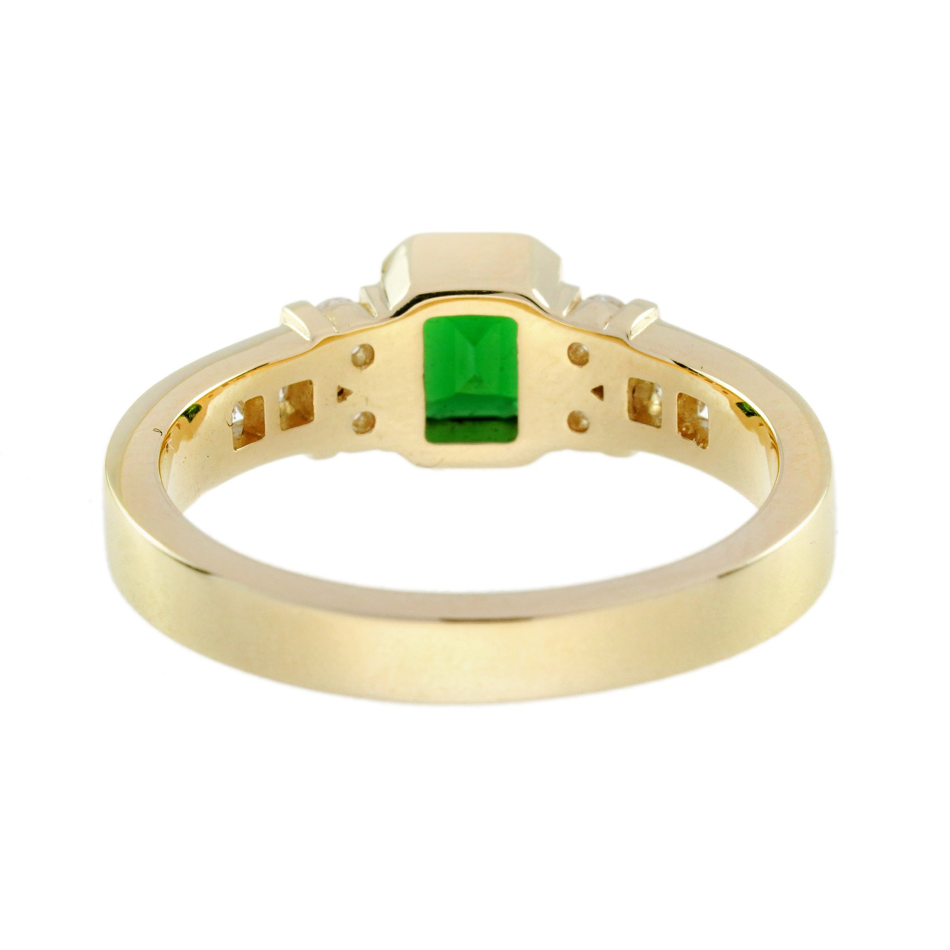 Green Emerald Cut Tsavorite & Diamond Solitaire 18K Yellow Gold Ring