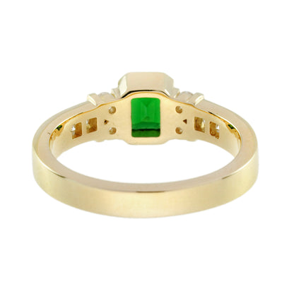 Green Emerald Cut Tsavorite & Diamond Solitaire 18K Yellow Gold Ring