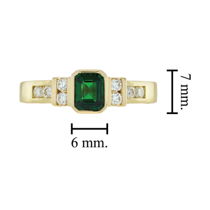 Green Emerald Cut Tsavorite & Diamond Solitaire 18K Yellow Gold Ring