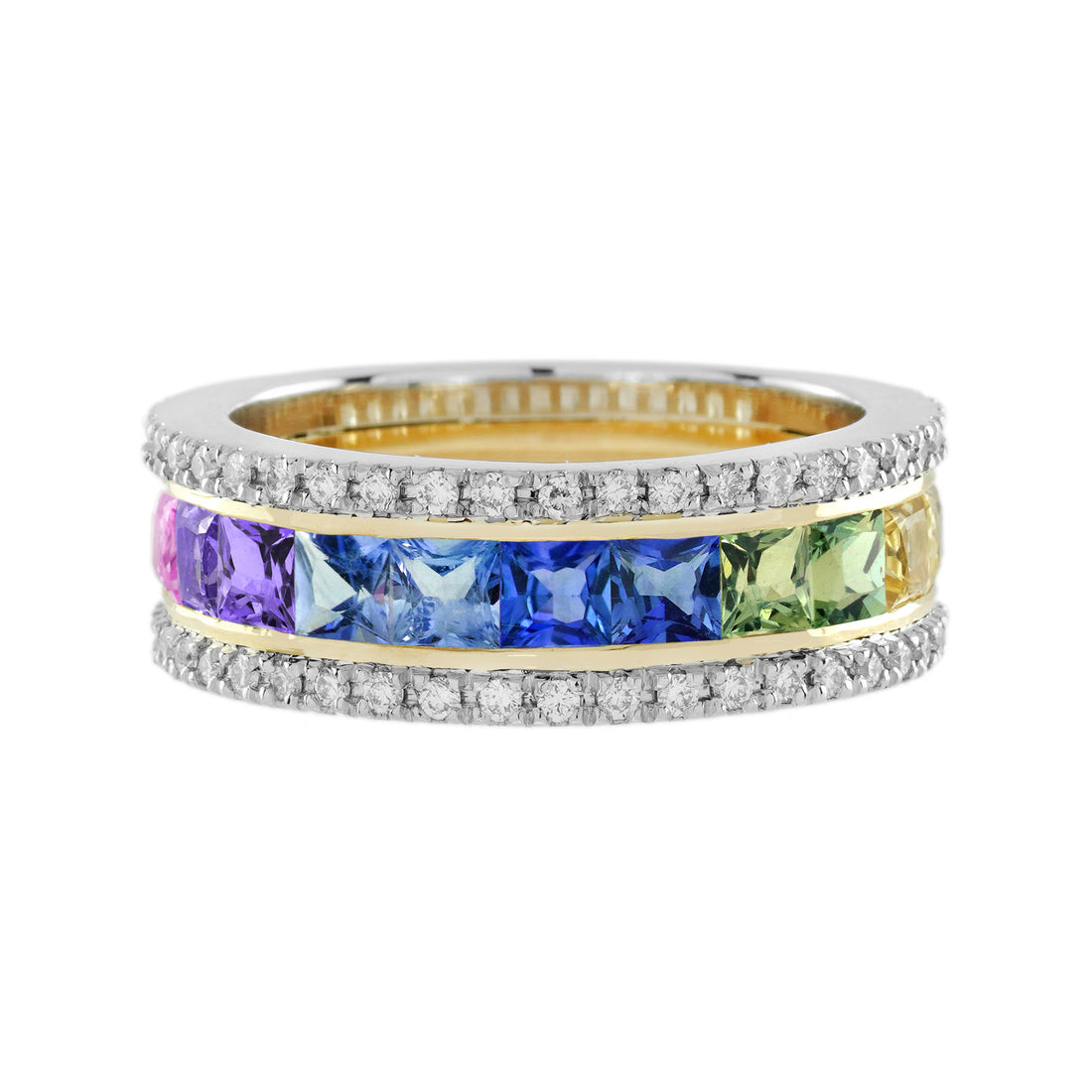 Rainbow Color Sapphire &amp; Diamond Classic Half Eternity Wide Band Gold Ring