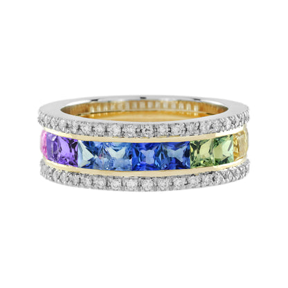 Rainbow Color Sapphire &amp; Diamond Classic Half Eternity Wide Band Gold Ring