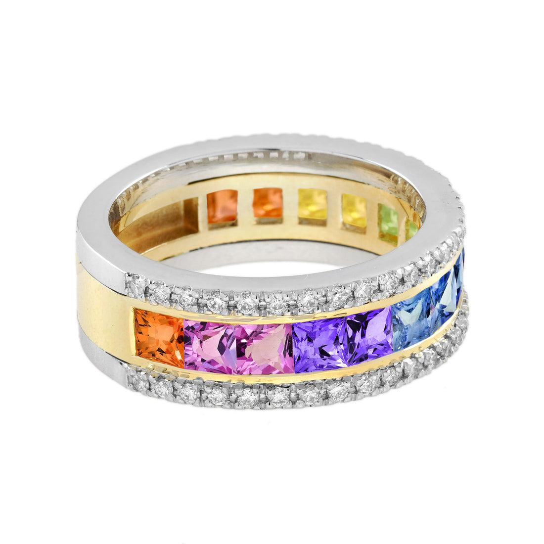 Rainbow Color Sapphire &amp; Diamond Classic Half Eternity Wide Band Gold Ring