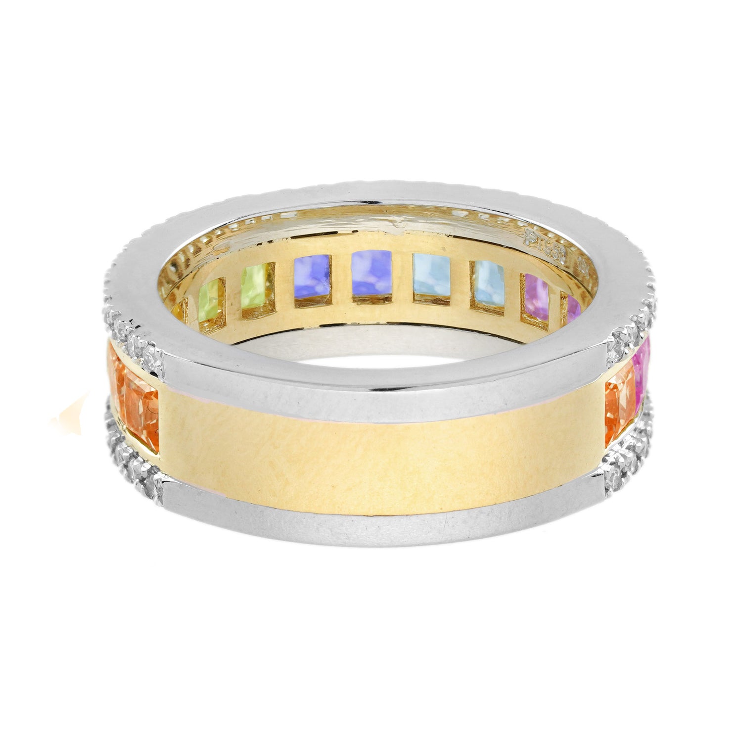 Rainbow Color Sapphire &amp; Diamond Classic Half Eternity Wide Band Gold Ring