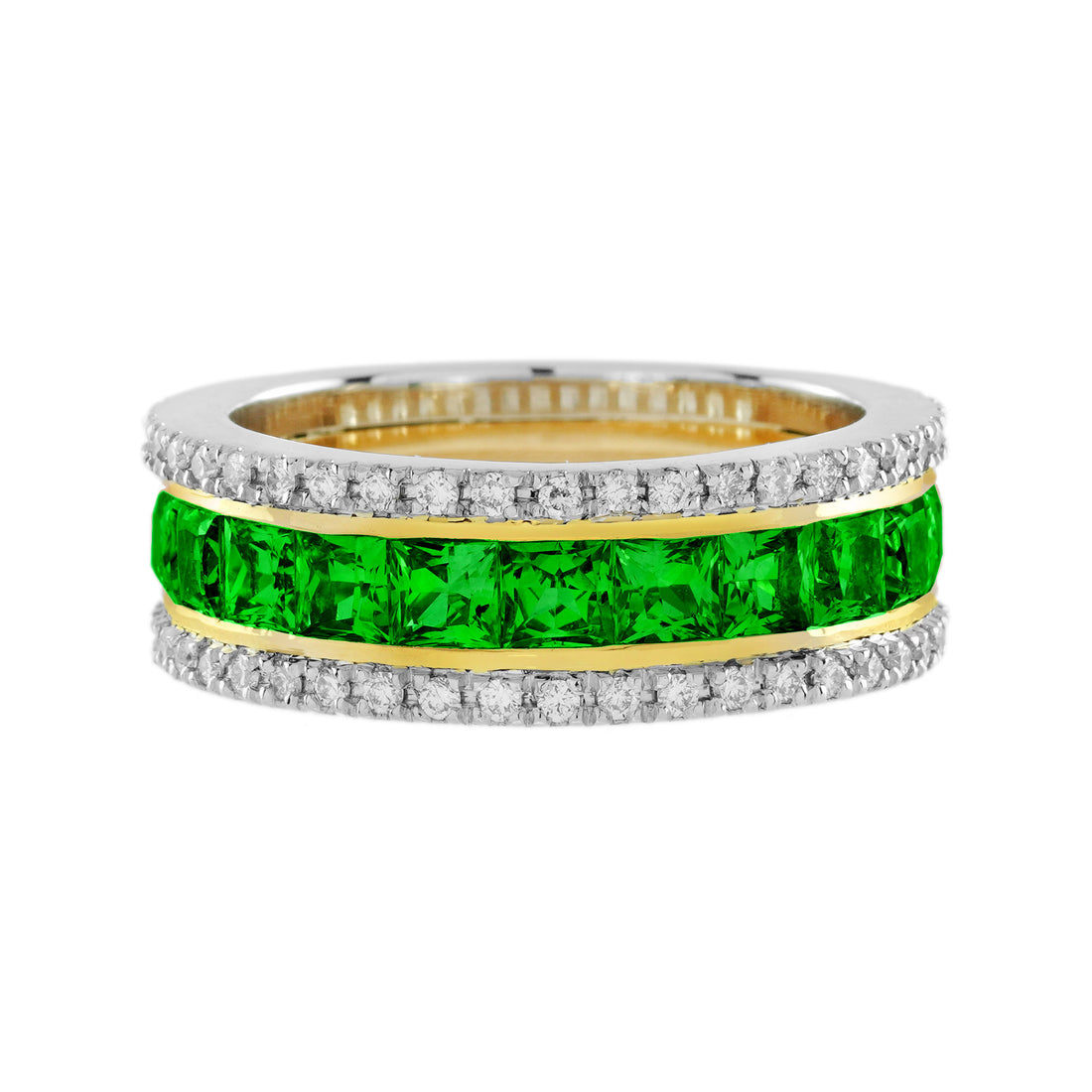 Square Shape Green Tsavorite & Diamond Classic Half Eternity Band Gold Ring