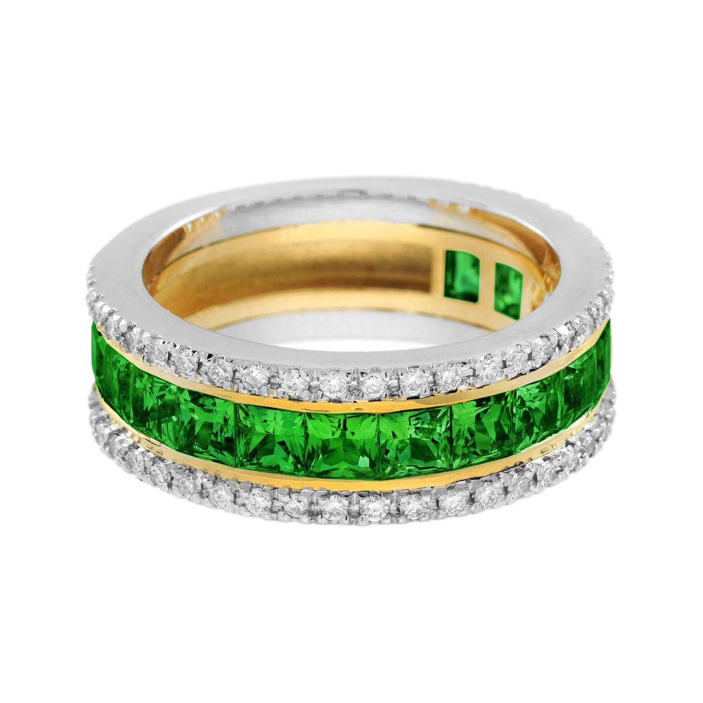 square shape green tsavorite & diamond classic half eternity band gold ring