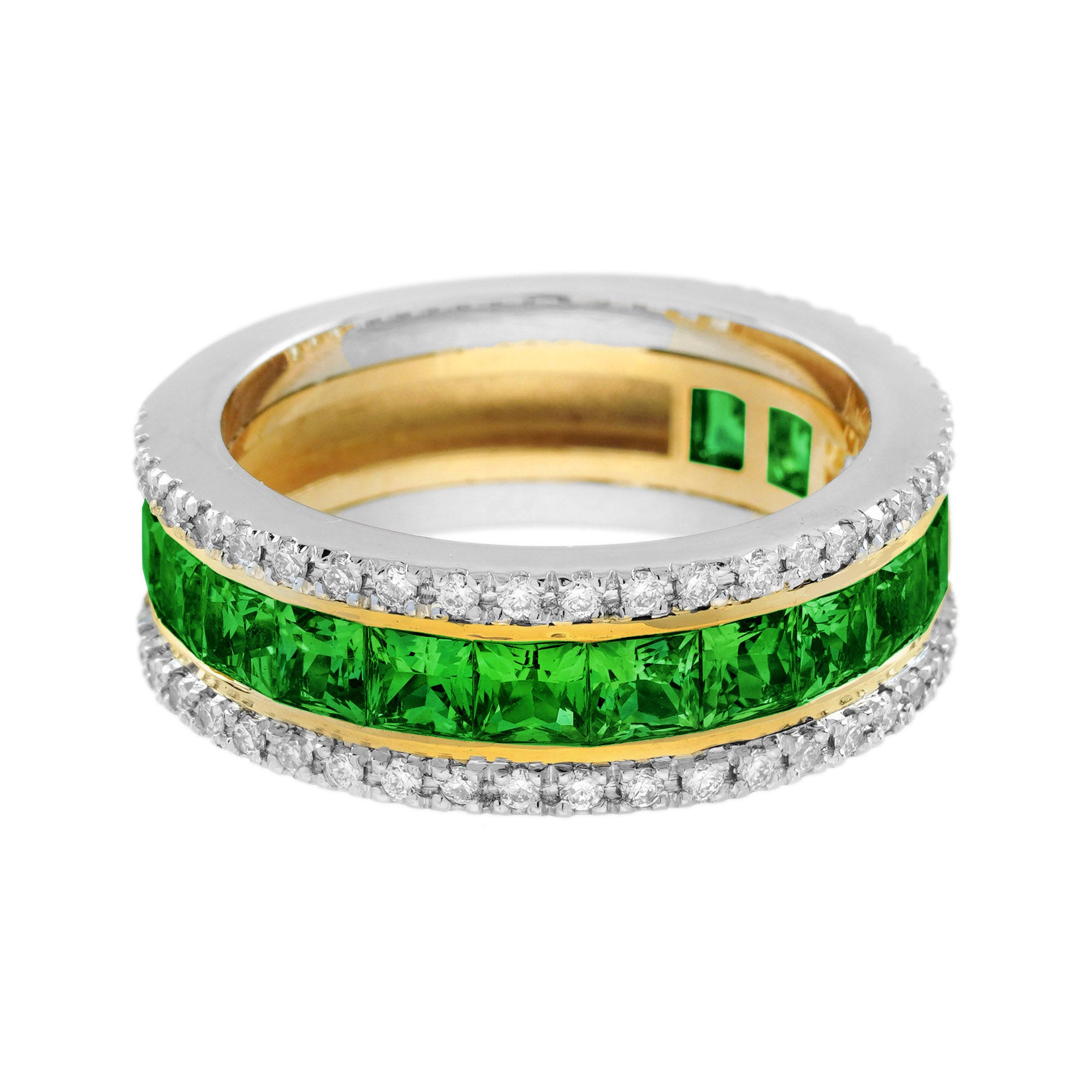 Square Shape Green Tsavorite &amp; Diamond Classic Half Eternity Band Gold Ring