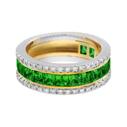 Square Shape Green Tsavorite & Diamond Classic Half Eternity Band Gold Ring