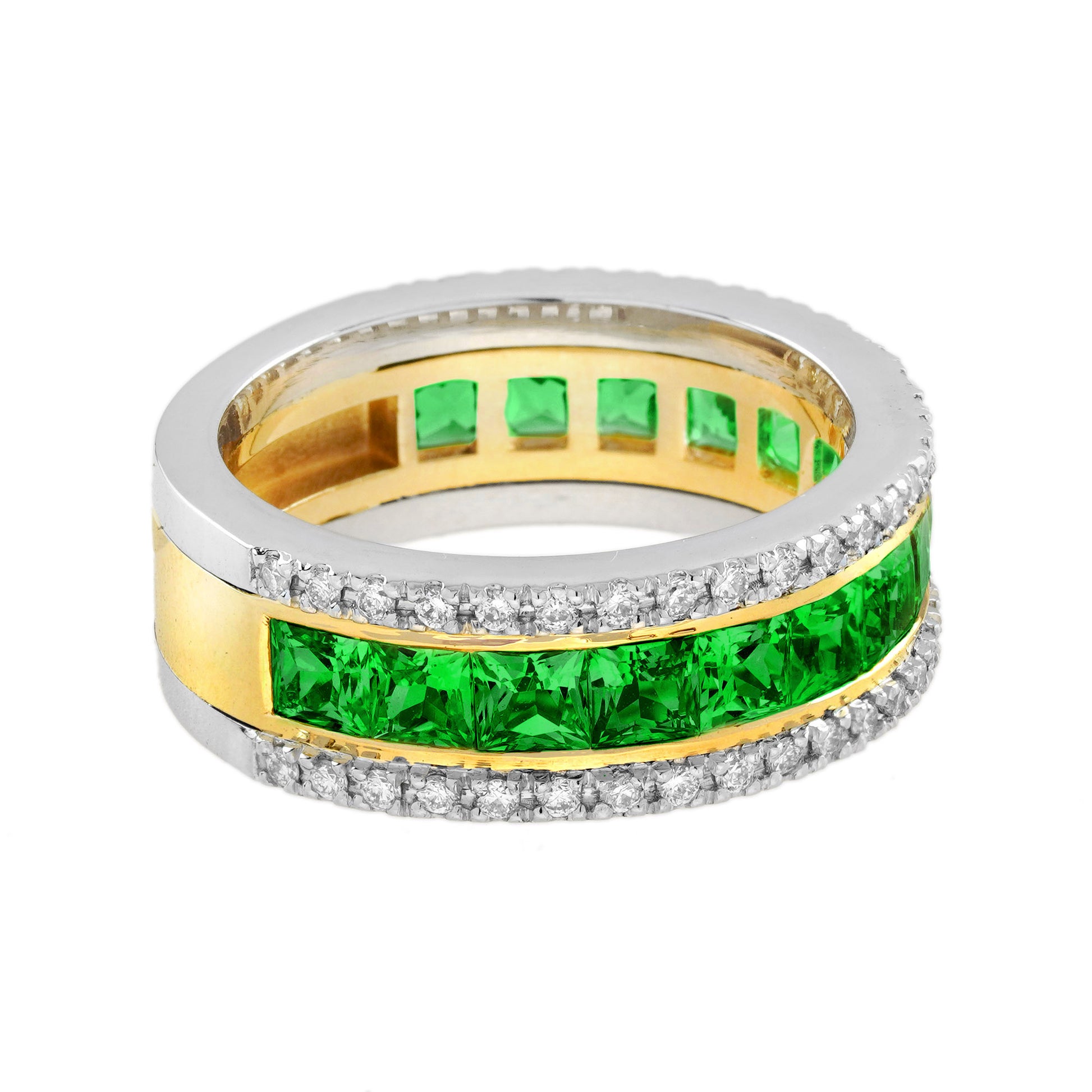 Square Shape Green Tsavorite & Diamond Classic Half Eternity Band Gold Ring