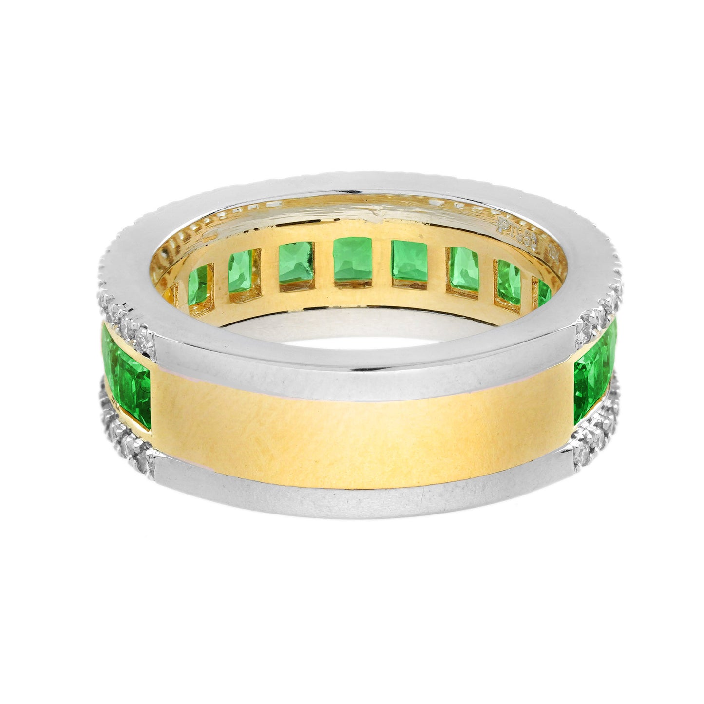 square shape green tsavorite & diamond classic half eternity band gold ring