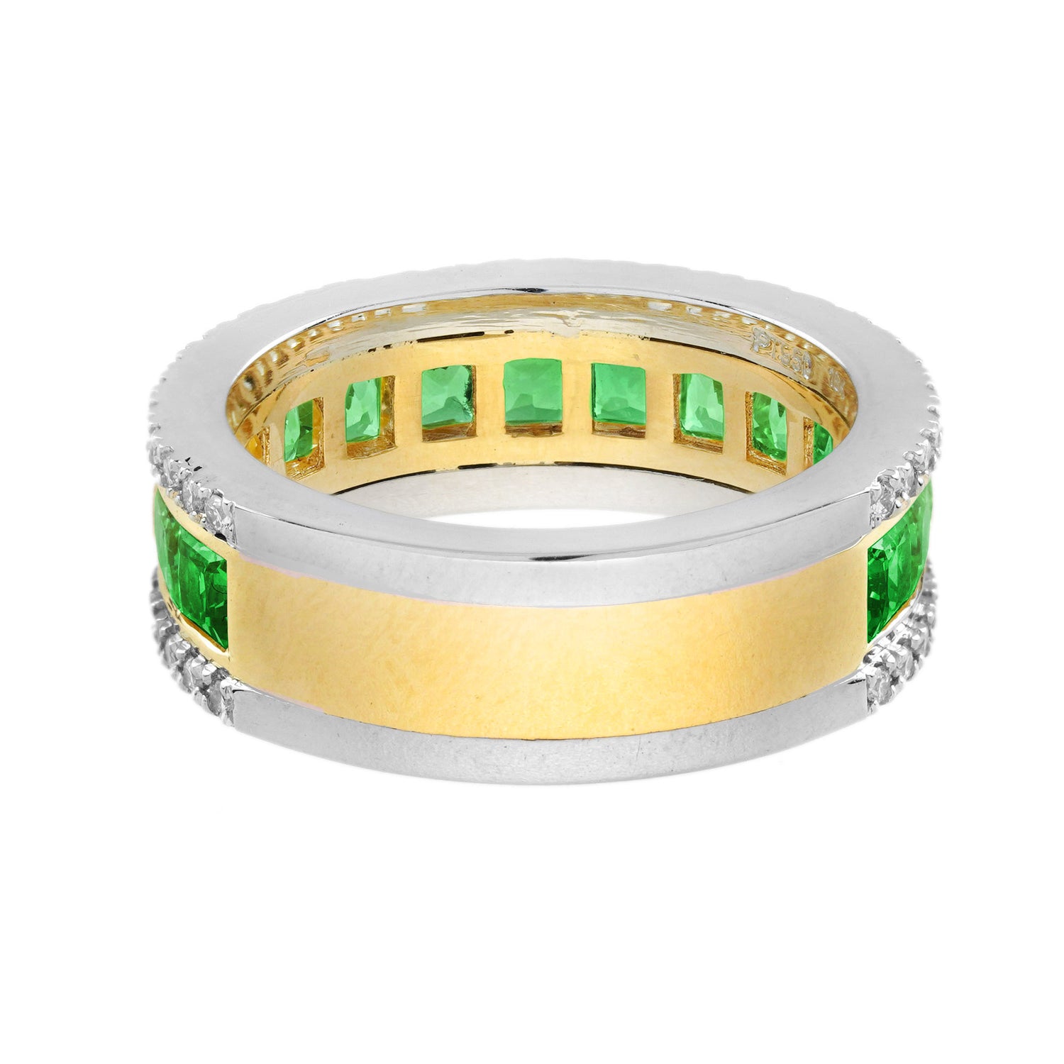 Square Shape Green Tsavorite &amp; Diamond Classic Half Eternity Band Gold Ring