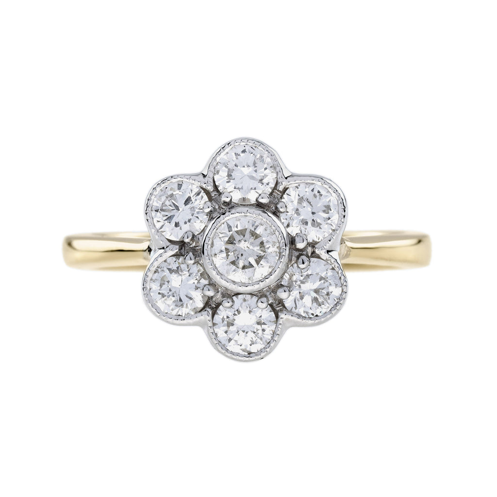 Diamond Daisy Edwardian Style Cluster Engagement 14K White Yellow Gold Ring