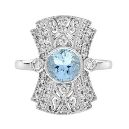 Round Blue Aquamarine & Diamond Art Deco Style Dinner 14K White Gold Ring