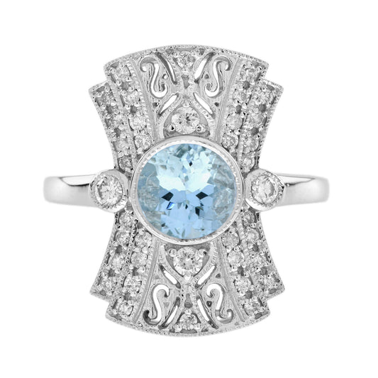 Round Blue Aquamarine & Diamond Art Deco Style Dinner 14K White Gold Ring