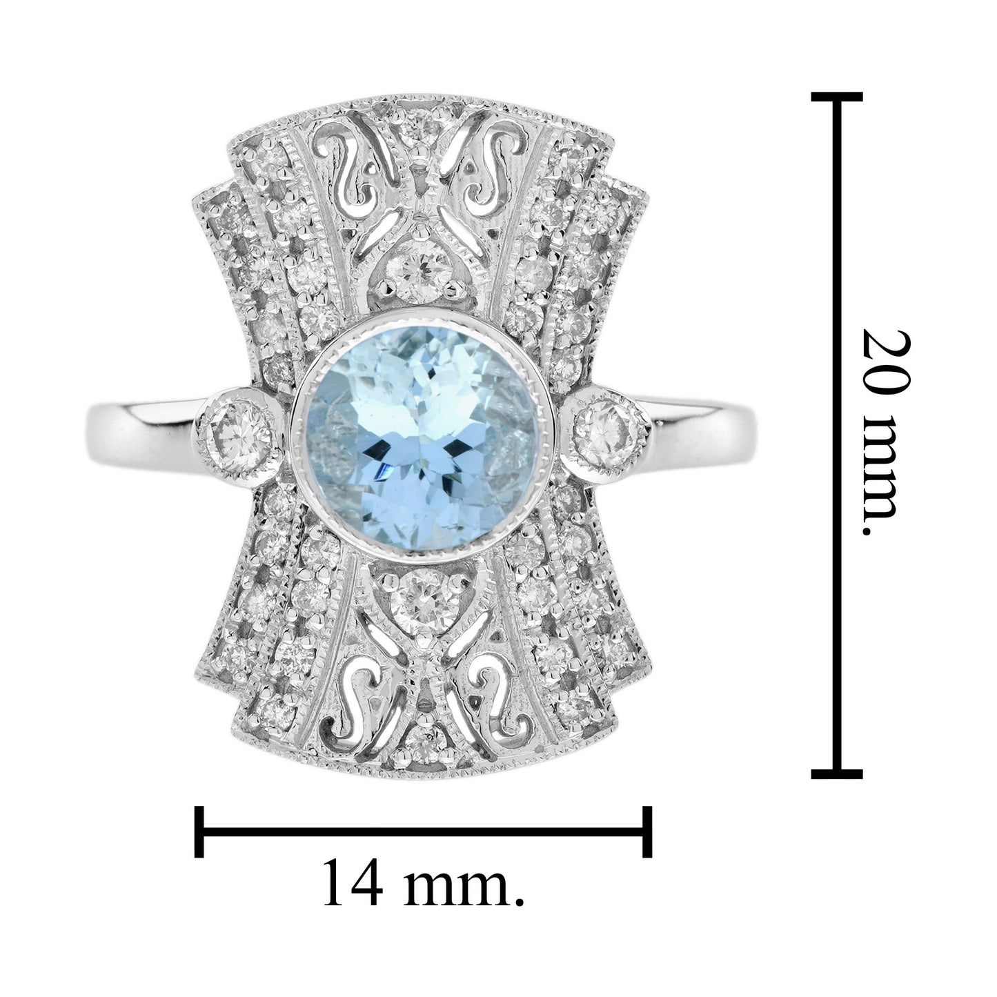 round blue aquamarine & diamond art deco style dinner 14k white gold ring