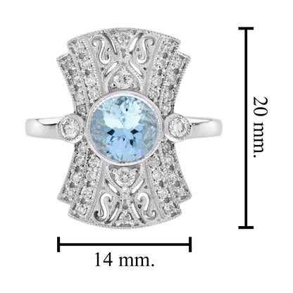 Round Blue Aquamarine & Diamond Art Deco Style Dinner 14K White Gold Ring