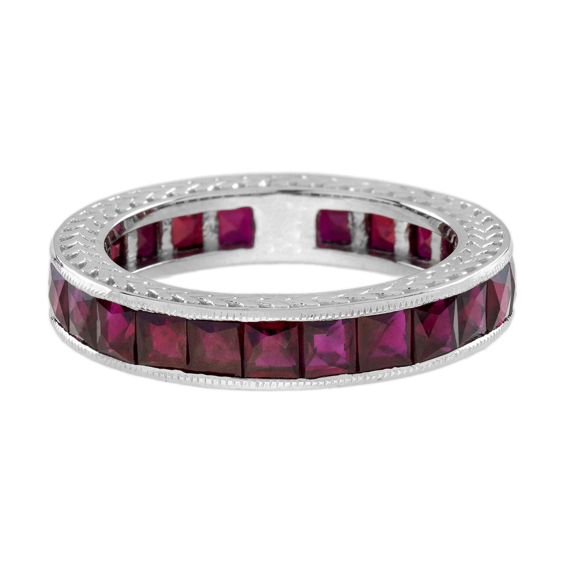 Square Princess Cut Red Pink Ruby Antique Style Eternity Band White Gold Ring