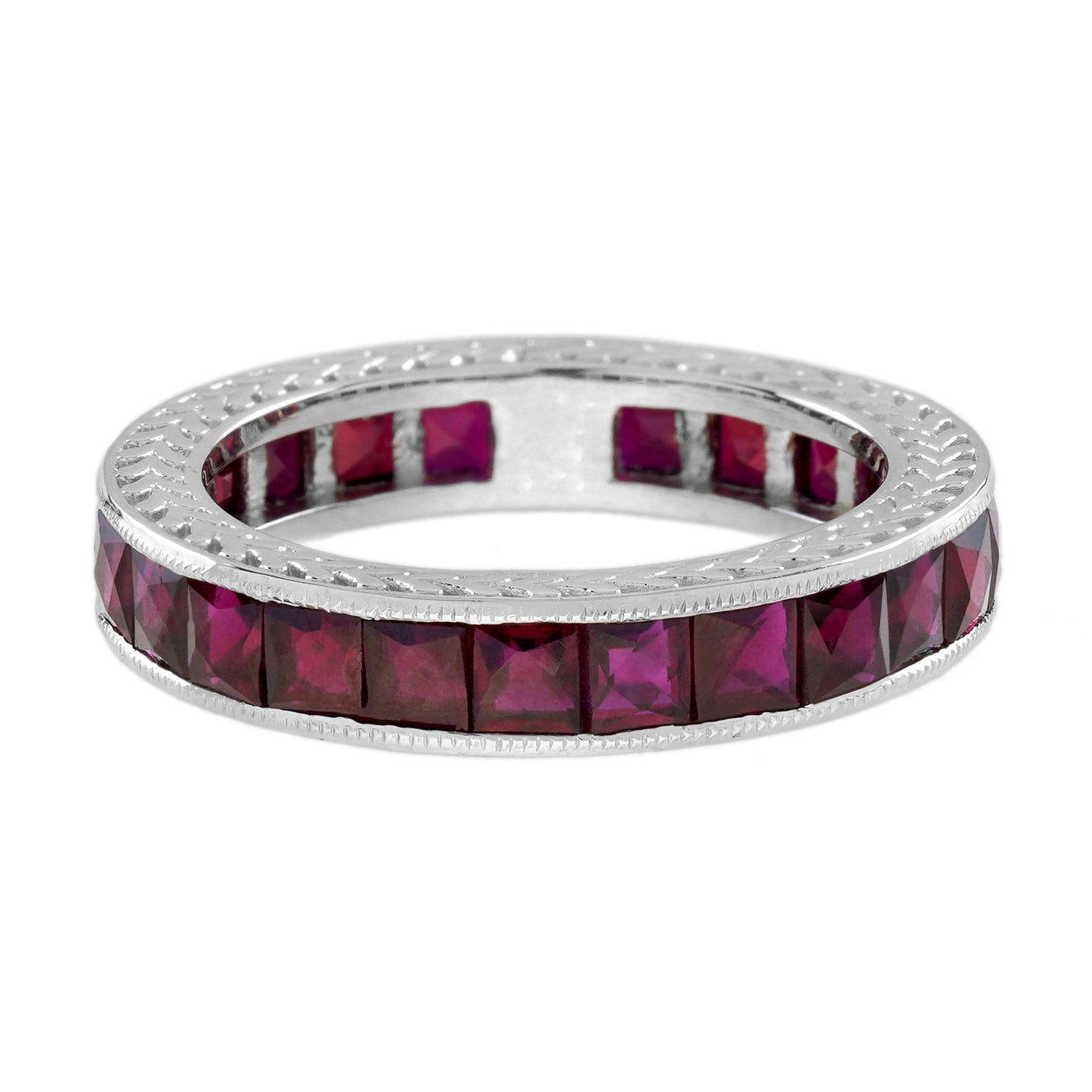 square princess cut red pink ruby antique style eternity band white gold ring