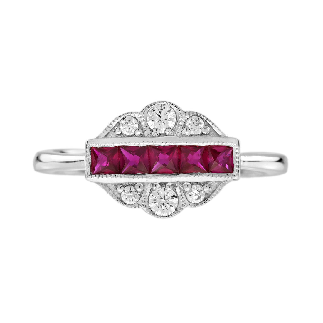 French Cut Ruby &amp; Diamond Vintage Inspired Art Deco Style White Gold Ring