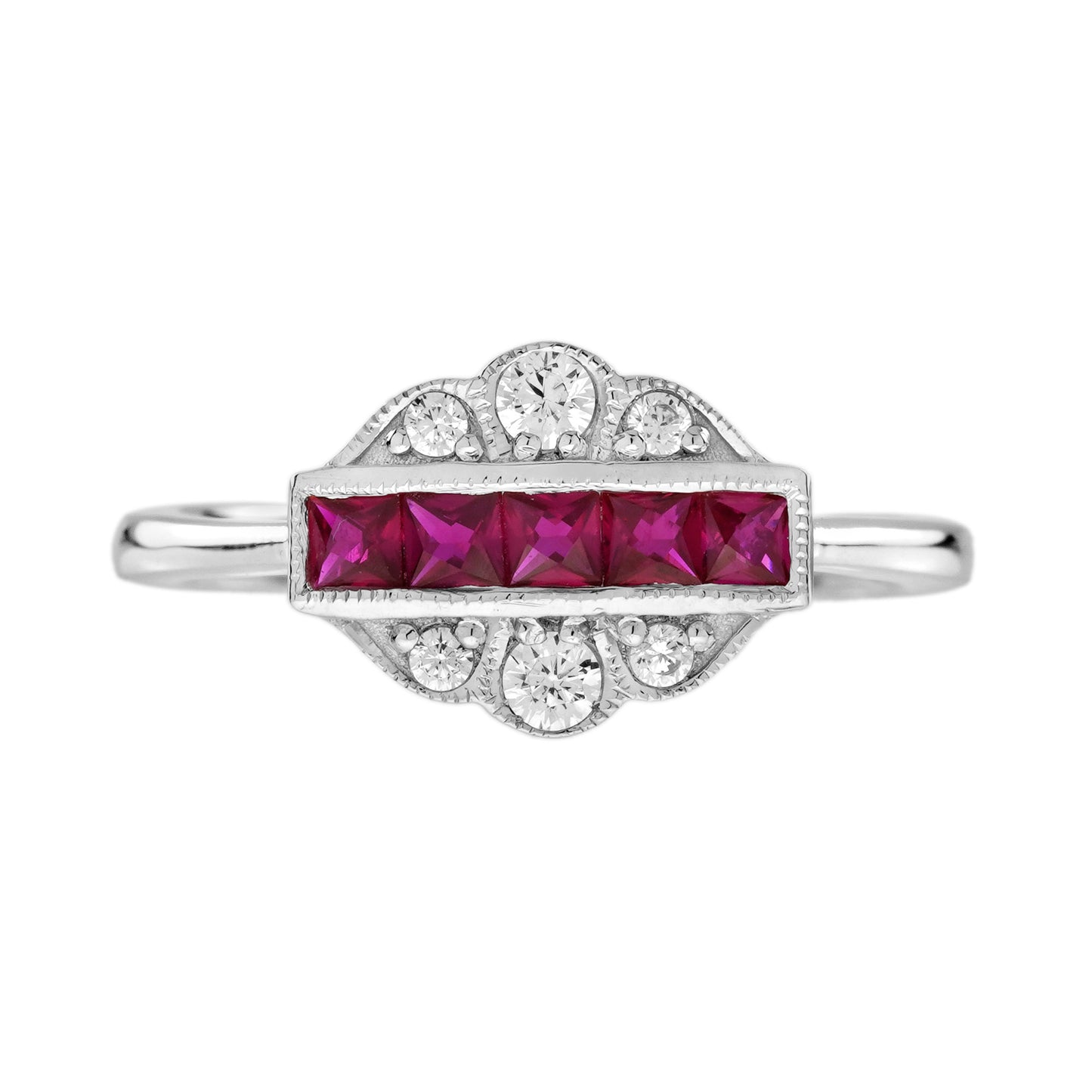 french cut ruby & diamond vintage inspired art deco style white gold ring