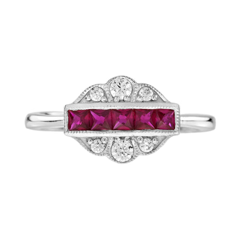 French Cut Ruby & Diamond Vintage Inspired Art Deco Style White Gold Ring