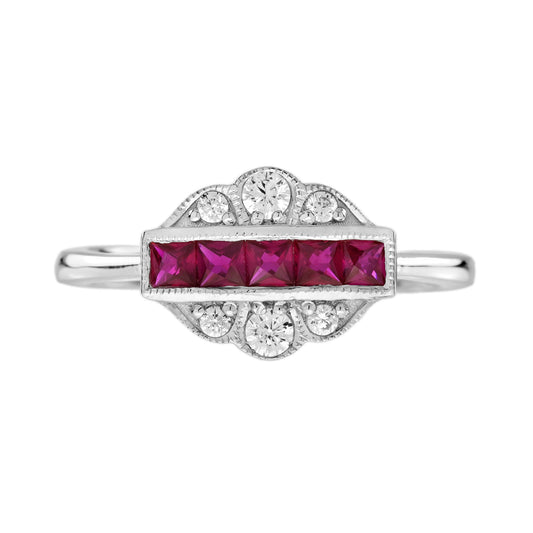 French Cut Ruby & Diamond Vintage Inspired Art Deco Style White Gold Ring