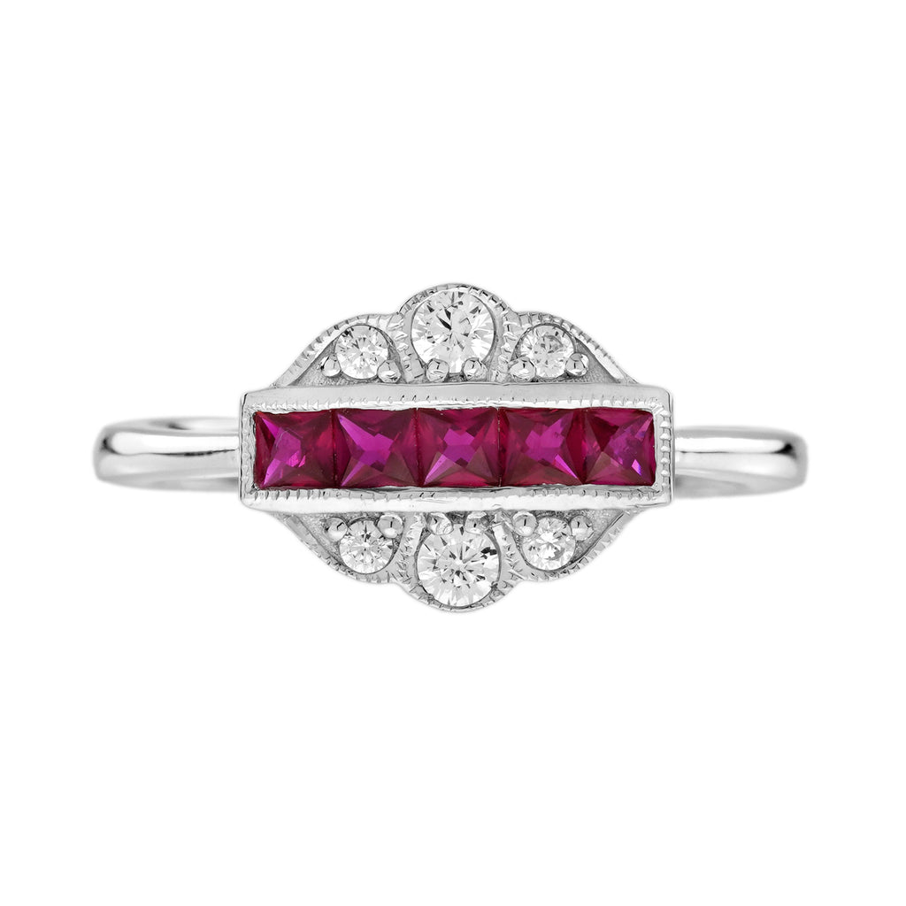 French Cut Ruby Diamond Art Deco Style Earrings & Ring Jewelry White Gold Set