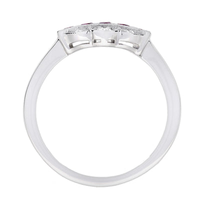 French Cut Ruby & Diamond Vintage Inspired Art Deco Style White Gold Ring
