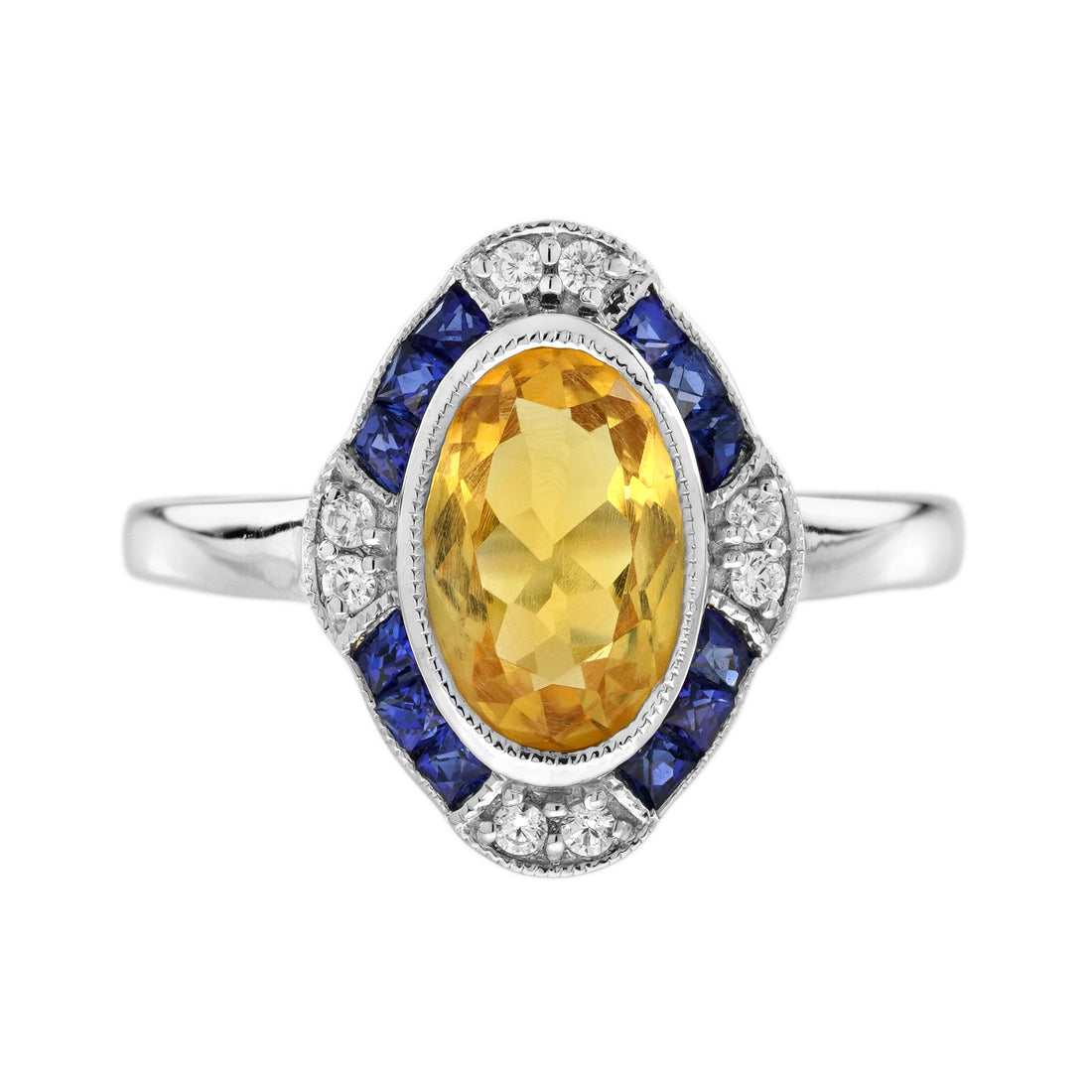 Oval Shape Citrine & Blue Sapphire Diamond Halo Art Deco Style White Gold Ring