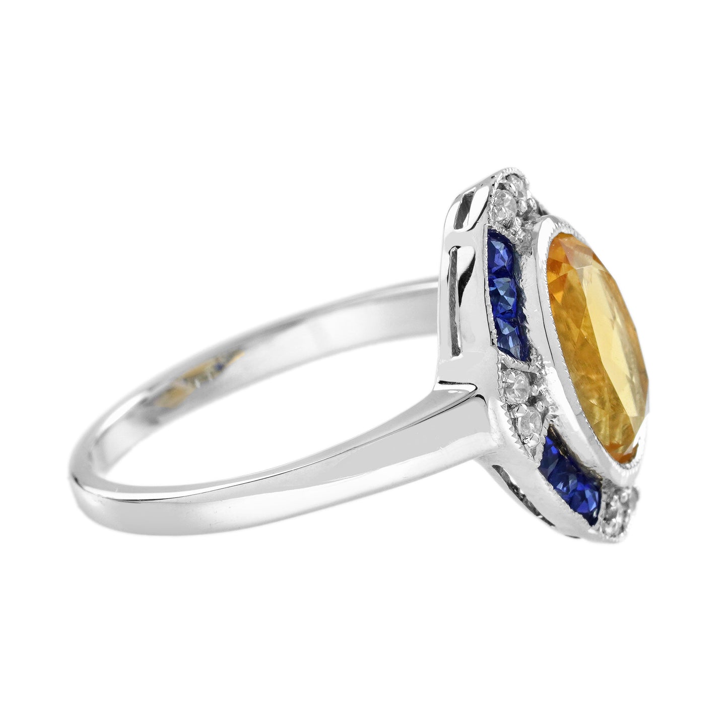 oval shape citrine & blue sapphire diamond halo art deco style white gold ring