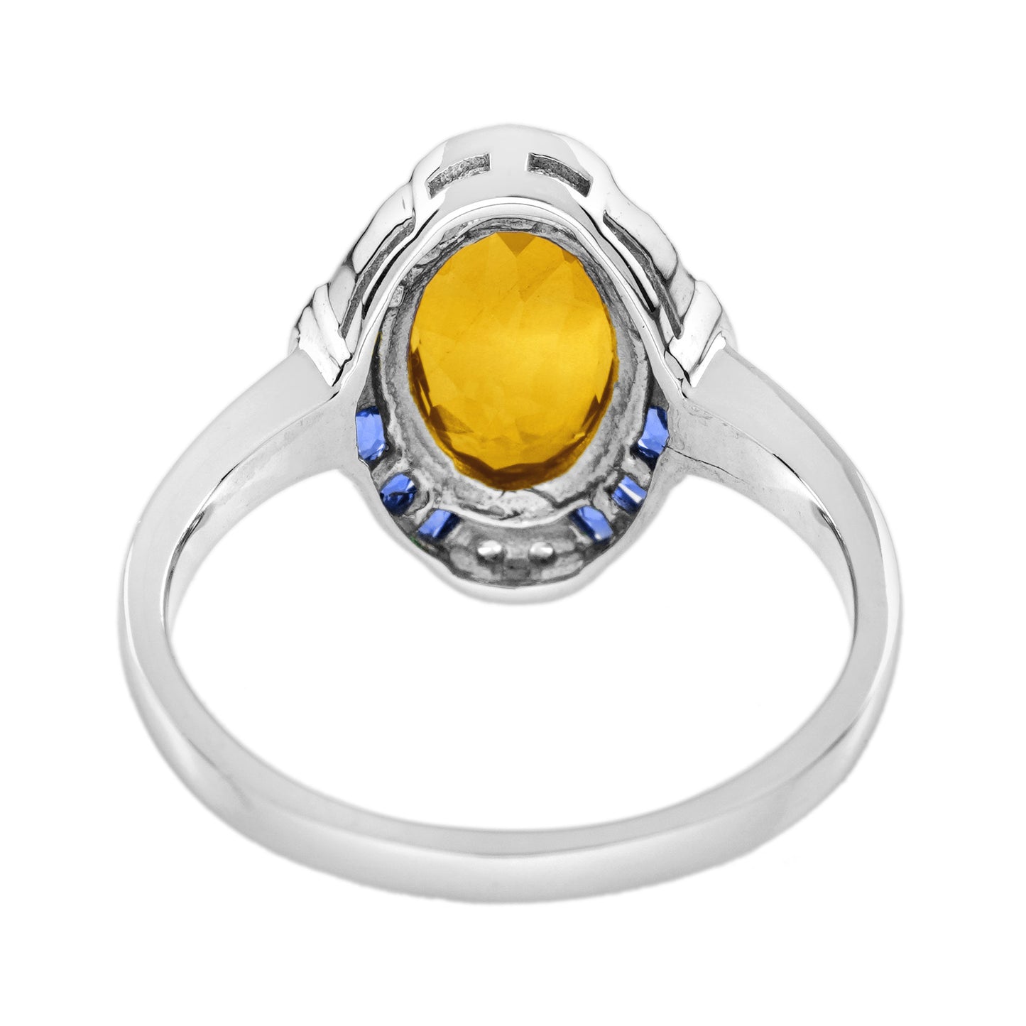 oval shape citrine & blue sapphire diamond halo art deco style white gold ring