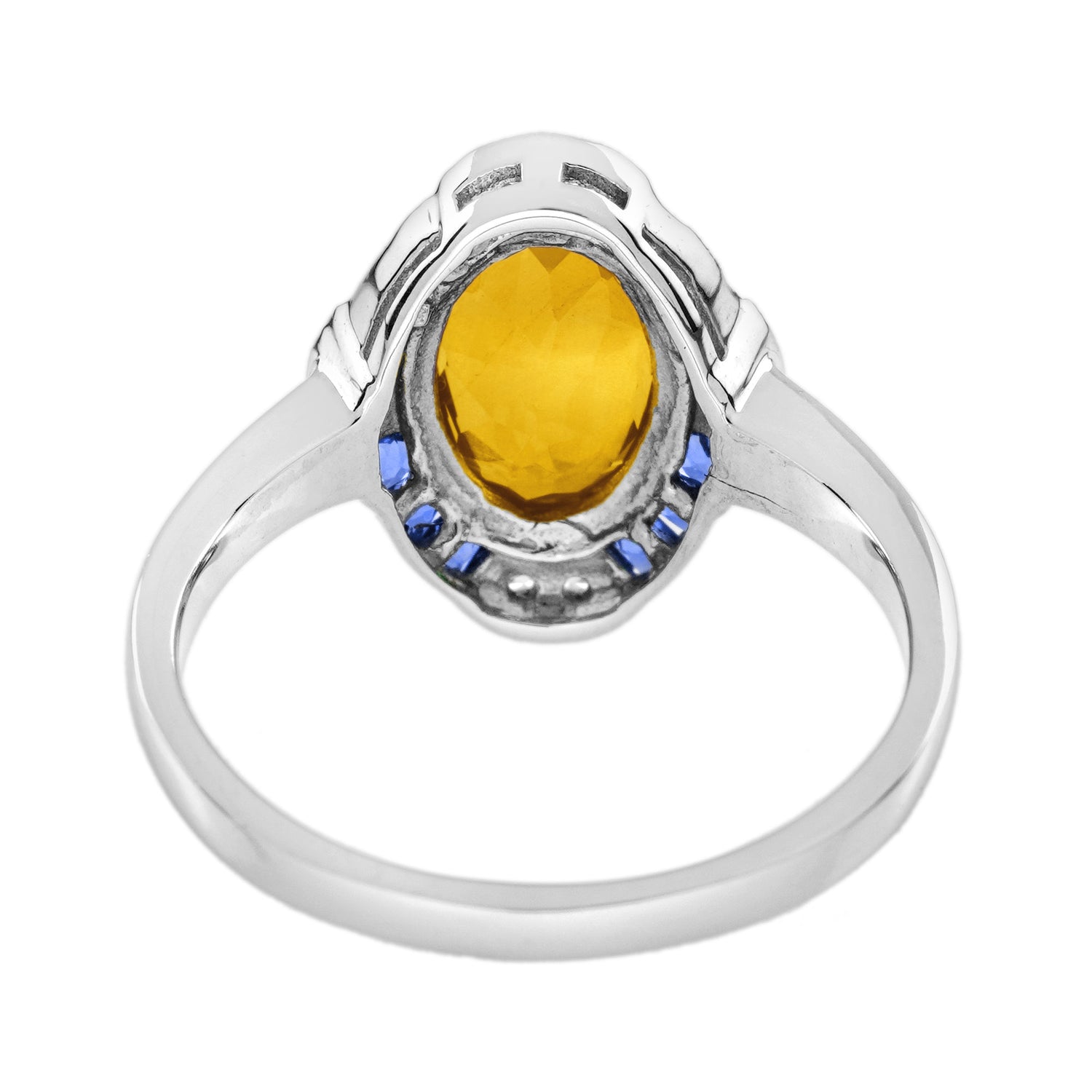 Oval Shape Citrine &amp; Blue Sapphire Diamond Halo Art Deco Style White Gold Ring